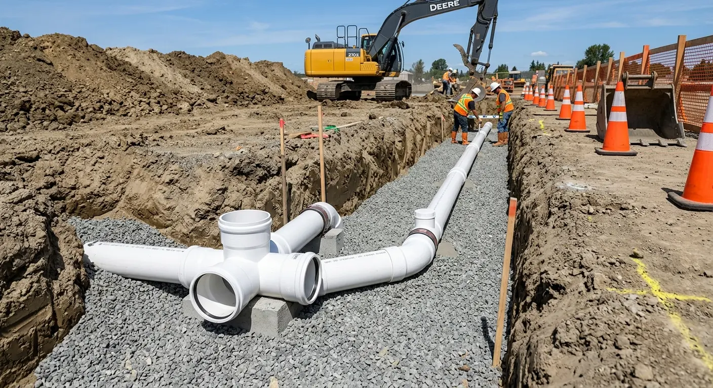 New PVC sewer pipe installation in open trench for Sewer Backup in Casselberry